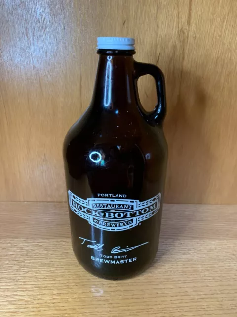 64 OZ Glass Brown Jug Bottle Rock Bottom Restaurant Brewery Portland Todd Britt