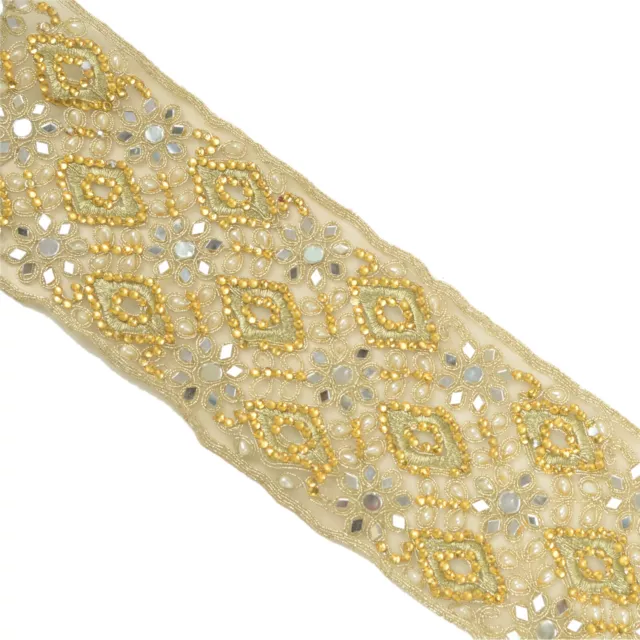 Sanskriti Hand Beaded Border 2 Yd Trim Golden Craft Lace Pearl Beads Mirror Work