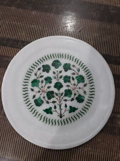 12" Marquetry Floral dish Marble plate decorative malachite inlay room decor i69