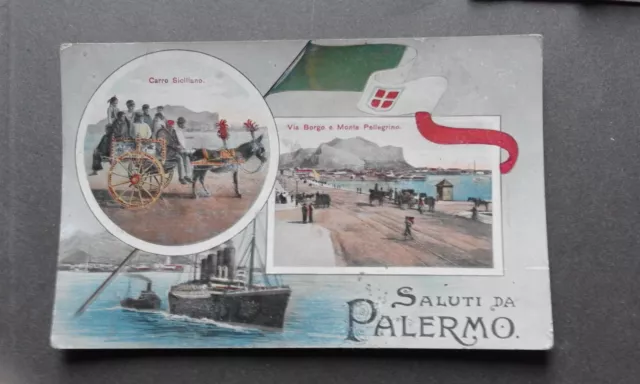 SALUTI Da PALERMO Carretto Siciliano popolani costumi, Animata ,Spedita, 1916 .