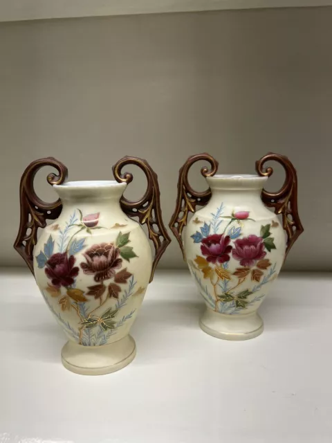 Pair Antique Victoria Carlsbad Austria Handpainted Porcelain Handled Vases