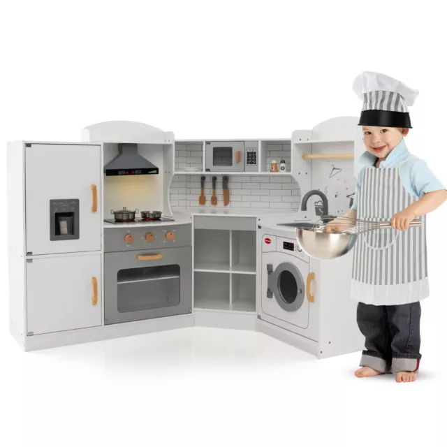 Kids Pretend Play Kitchen Wooden Toddler Corner Kitchen Playset Gift White