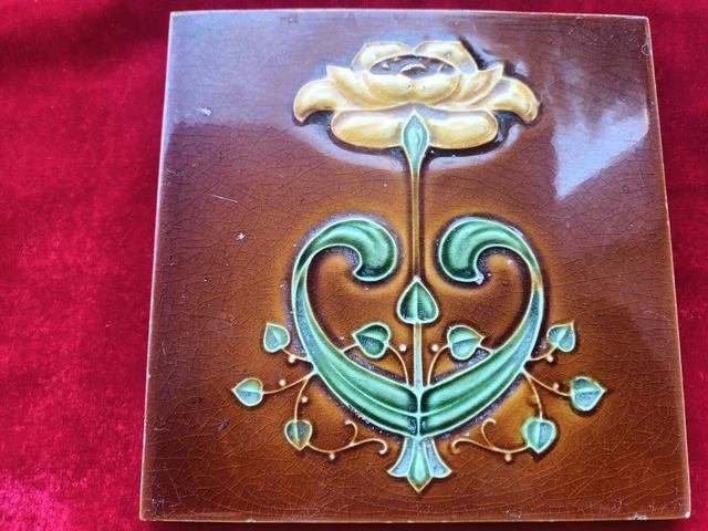 1 Piece Old Art Flower Design Embossed Majolica Ceramic Tiles England 0380 3