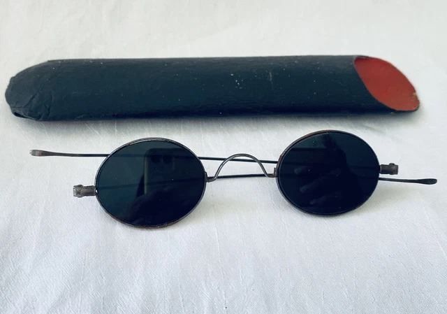 Antique Silver Tone Temples Dark Green Lens Franklin Looking Eyeglasses w/  Case