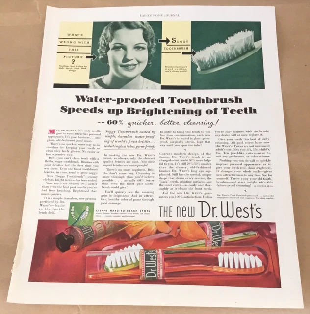 Dr. West's toothbrush print ad 1933 orig vintage 30s illus. art decor dentist