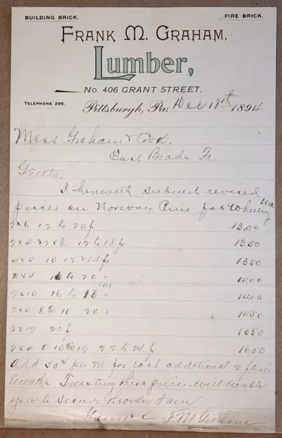 1894 Letterhead Frank M Graham Pittsburgh PA Pennsylvania Lumber