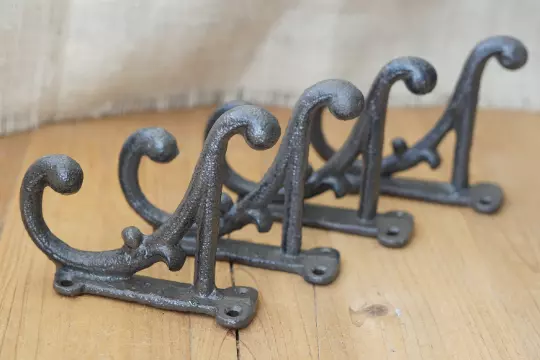 4 Brown Rustic Coat Hooks Antique Style Cast Iron 4.5" Wall Double Restoration !