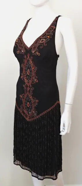 Vintage 90s Y2K silk Beaded fringe sequin flapper wedding drop embellish dress M