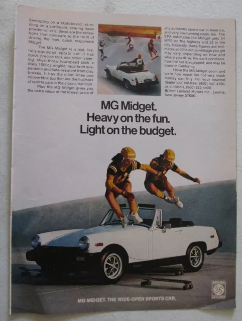 1978 MG MIDGET Convertible Sports Car Print Ad ~ Skateboard Jump Over Auto Trick