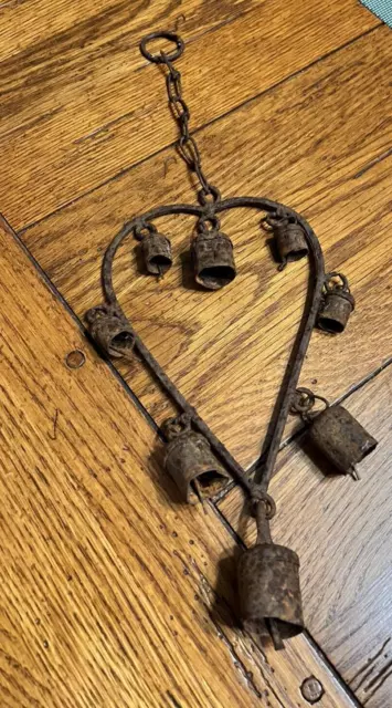 Vintage Nice Primitive Heart Shaped Wind Chime Bells Metal Rusty