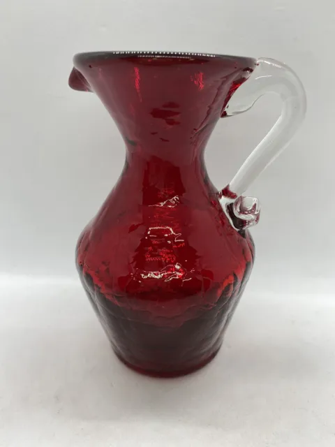 Vintage Ruby Hand Blown Miniature Pitcher Or Creamer With Applied Clear Handle