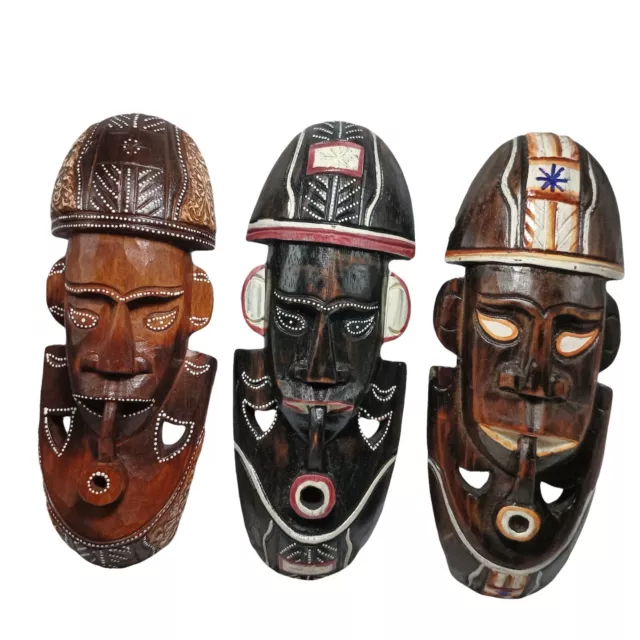 Set 3 African Pipe Men Tribal Face Wooden Mask Hand Carved Wall Art Hanging