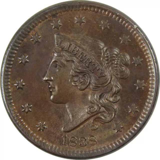1838 Coronet Head Large Cent AU About Uncirculated Copper SKU:I12421
