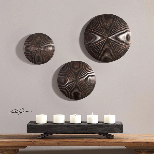 Three Hanneli Xxl Aged Iron Ribbed Round Wall Art Panels Decor Uttermost