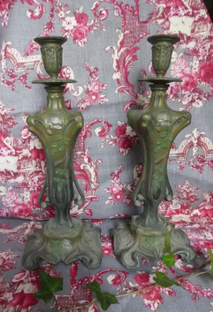 Paire de Bougeoirs Art Nouveau en régule patine verte Polychrome 34cm Jugendstil