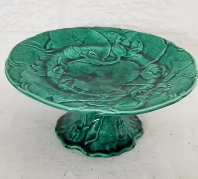 Superb Antique  English Majolica Lotus Green  Leaf & Flowers Tazza Compote D 9”