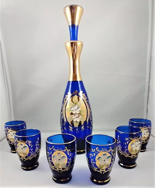 Bohemian Cobalt Blue Glass Cordial Decanter Set Gold Hand Painted Floral