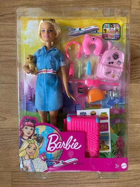 NEW Barbie Travel Doll set with puppy suitcase & accessories (Approx 33 cm)