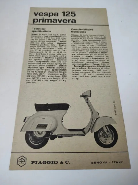 Piaggio Vespa 125 Primavera de 1973 Multilingue Prospectus Catalogue Brochure...