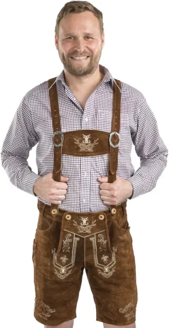 Mens Bavarian Lederhosen Brown - Oktoberfest Leather Trousers Party Costume
