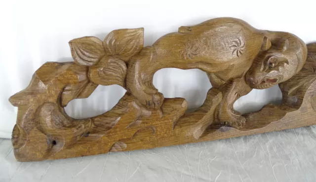 19.5" Antique French Hand Carved Wood Solid Oak Pediment - Animal   19th 2