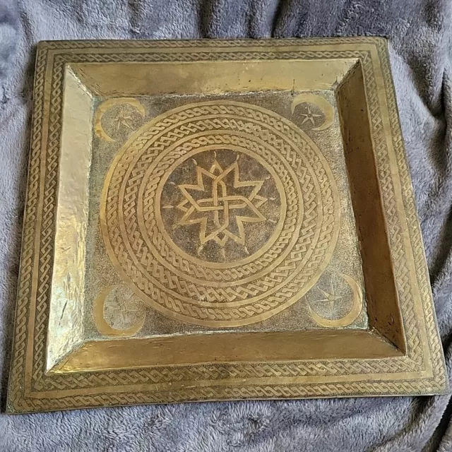 Middle Eastern Heavy Brass Ornate Bevelled Plate Tray 45cm, Moon Star Detail