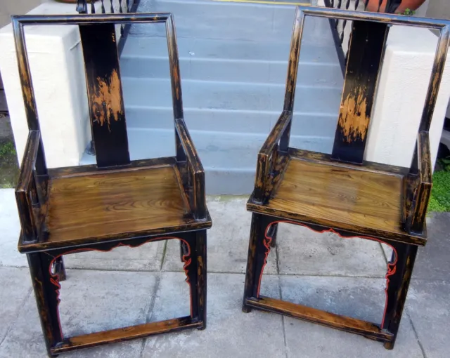 2 Vintage Armchairs accent Chinese officials distressed wood black with brown