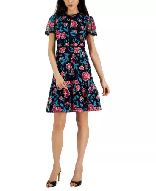 Tahari ASL Women's Embroidered-Floral Print Shift Dress (Black/Ruby/Jade, 14)