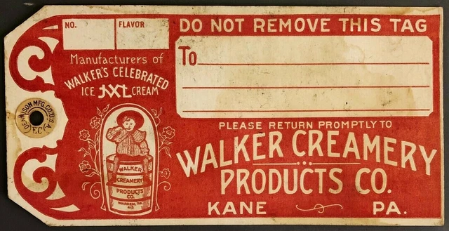 1910s Walker Creamery Products Kane Pennsylvania Ice Cream Tag Fraley Dairy Vtg