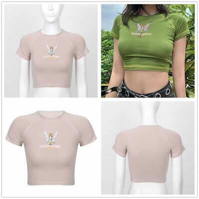 Women Round Neck Short Sleeve Crop Top Casual Butterfly Printed T-shirt Daily