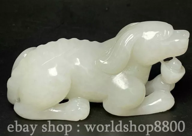 3.6" Chinese Natural Hetian White Jade Nephrite Carving Animal Dog Wealth Statue