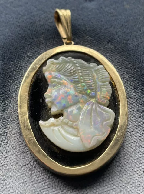 Antique Carved Opal Cameo 14K Gold Onyx Pendant
