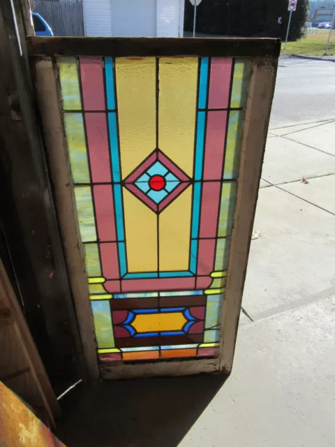 ~ Large Antique Stained Glass Window ~ 24 X 49.5 ~ Architectural Salvage