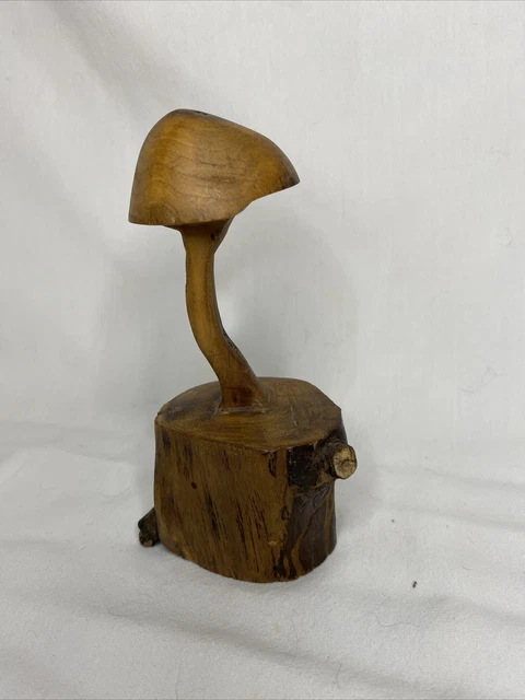 Vintage Hand-made Carved Wooden Mushroom Sculpture - Signed - Art Decor