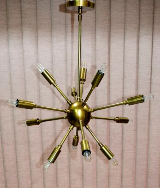 Mid Century Modern Brass Sputnik Chandelier Starburst Light Fixture 12 Arms
