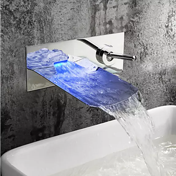 FA LED Waterfall Spout Basin Sink Wall Mounted Tub Chrome Mixer Faucet Brass Tap