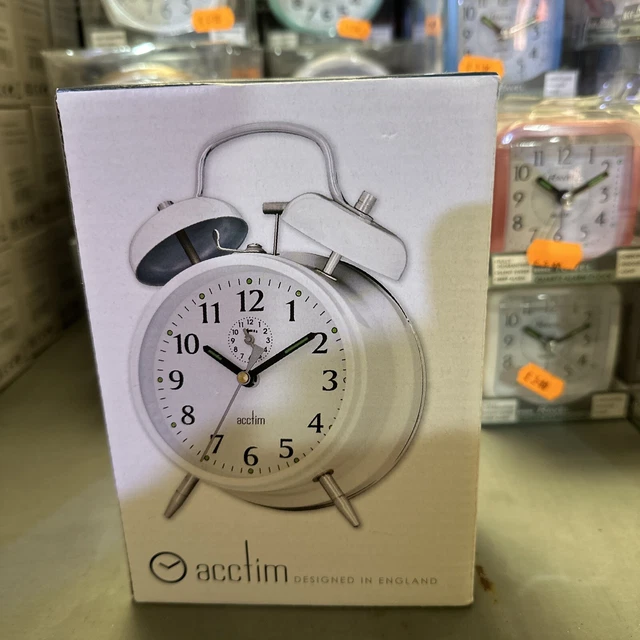 ACCTIM SAXON WIND Up Large Double Bell Alarm Clock White Mechanical