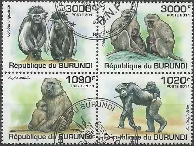 Timbres Animaux Singes Burundi 1245/8 o année 2011 lot 7321 - cote : 18 €