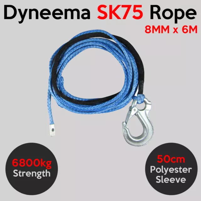 8MM X 6M Dyneema SK75 Winch Rope Snap Hook - 4x4 4wd Boat Marine Cable Webbing