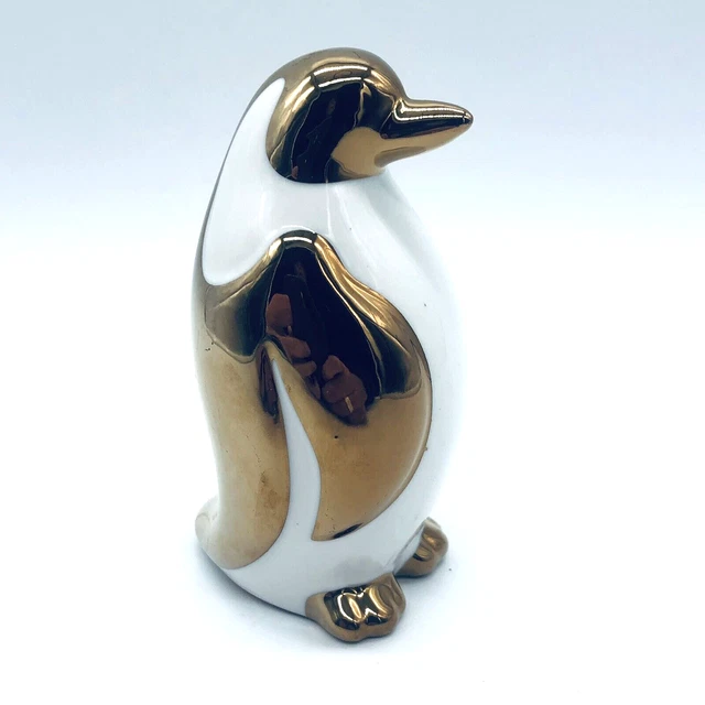 Vintage Penguin Figurine Ceramic Porcelain Gold Glaze and White 4.5 In