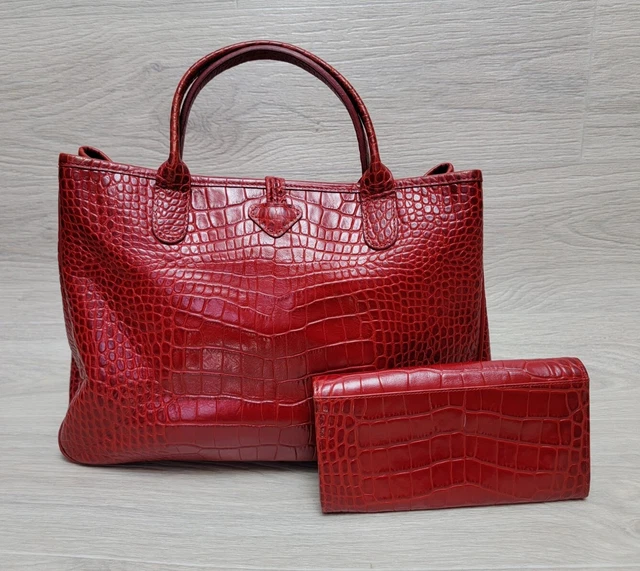 Authentic Longchamp Bag and Wallet Red Croc Embossed Leather Tote Purse snake 2