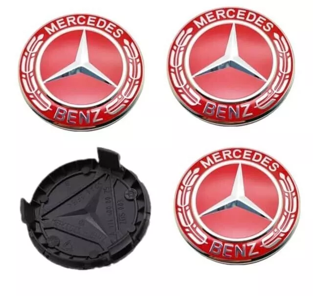 Set of 4 Mercedes Benz Full Red New Alloy Wheel Centre Caps 75mm Hub Badges AMG