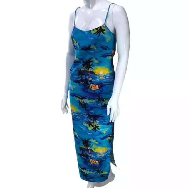 Royal Creations Womens Size M Hawaiian Maxi Dress Blue Print Spaghetti Strap Vtg