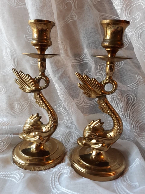 Vintage Brass Koi Fish Pair of Candlesticks Candle Holder
