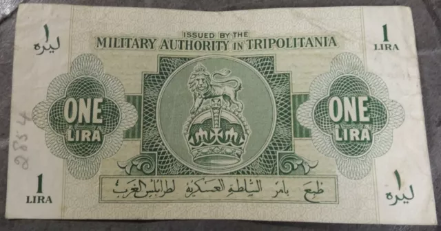 Libya Military Authority In Tripolitania 1 Lire Bank Note Very Crisp But Used