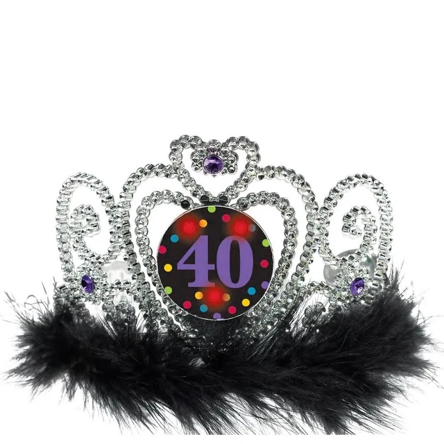 Plastic Light-Up 40th Birthday Combed Tiara with Faux Fur & Gemstones