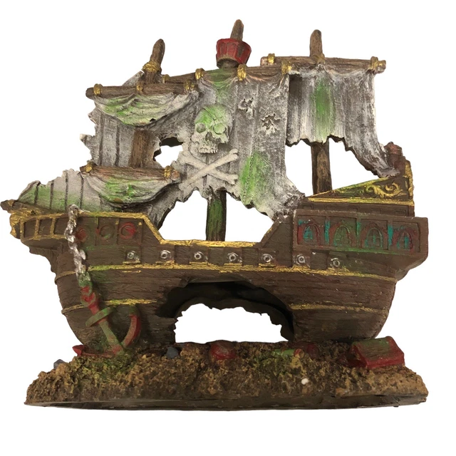 Shipwreck Aquarium Decoration Fish Tank Decor Pirate Ship 8” Skulls & Bones