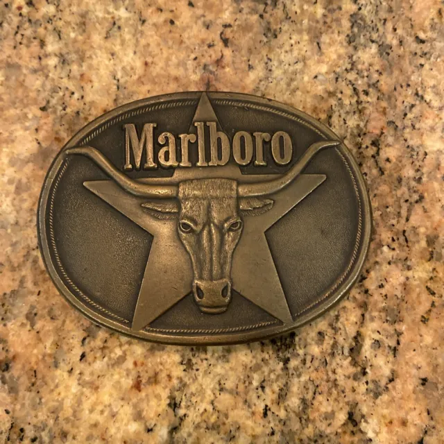 Marlboro Belt Buckle Solid Brass 1987 Philip Morris Inc. Long Horn Bull VTG