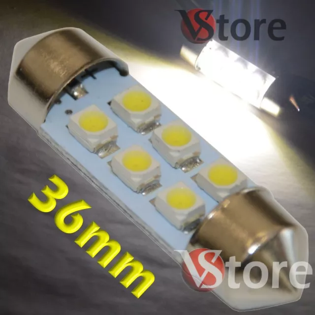 2 LED Festoon 36mm 6 SMD BIANCO Lampade Luci Xenon Lampadine Interno/Targa