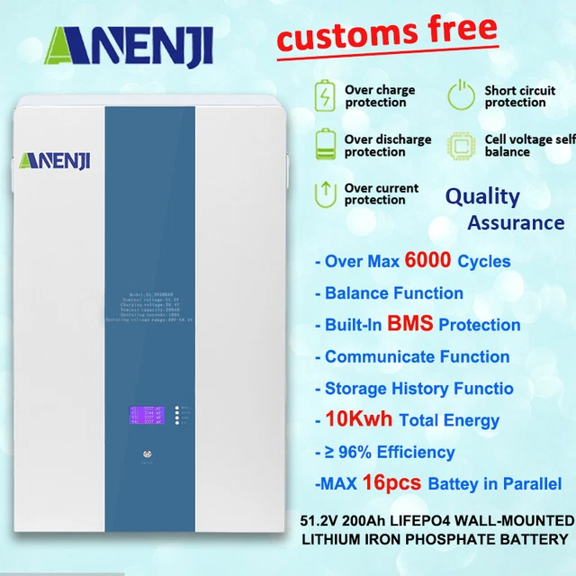 Batería de montaje en pared LiFePO4 200AH 51,2 V 10 kWh con almacenamiento de energía solar para el hogar BMS